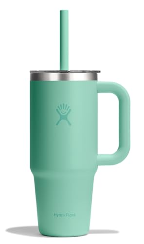 Hydro Flask Travel Tumbler with Handle, Clear Lid and Straw - Insulated Stainless Steel - color: MERMAID GREEN, size: 24 Ounces