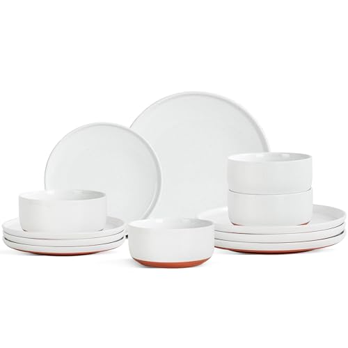 12 Piece Ceramic Plates and Bowls Sets for 4, Elegant White | Stoneware Dinnerware Set, Dishwasher & Microwave Safe, Handcrafted, Perfect for Family and Gatherings - color: White, size: Service for 4(12PCS)