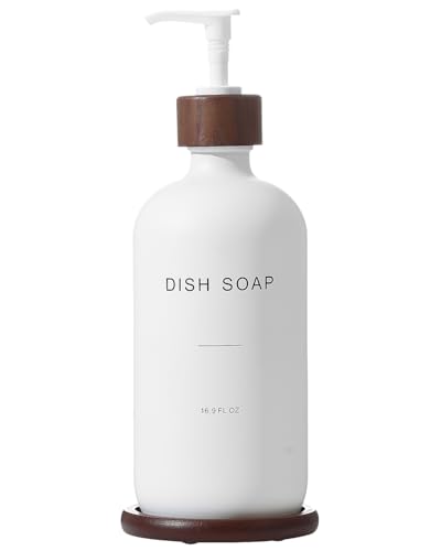 Dish Soap Dispenser, White | Refillable glass pump dispenser for dish soap or hand soap, with matching tray for kitchen sinks and countertops - color: White D*1