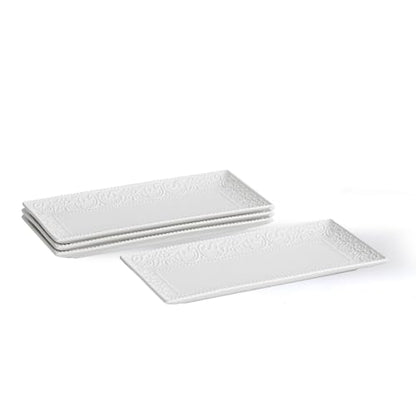 Rectangular Embossed Serving Platter Set, 12 Inch Large Serving Plates, Stackable Serving Tray for Wedding, Ceramic White Serving Platters for Entertaining, Dishwasher & Oven Safe (4PCS)