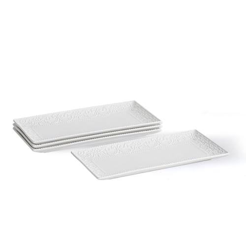 Rectangular Embossed Serving Platter Set, 12 Inch Large Serving Plates, Stackable Serving Tray for Wedding, Ceramic White Serving Platters for Entertaining, Dishwasher & Oven Safe (4PCS)