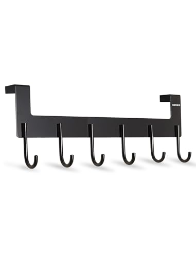 Aluminum Over Door Hanger - No Drill Towel Rack with 6 Hooks for Bathroom & Bedroom, Anti-Rust Space Saving Clothes Organizer for Hanging Robe, Coat, Clothes, Sturdy Door Hook Rack for Storage - color: Black