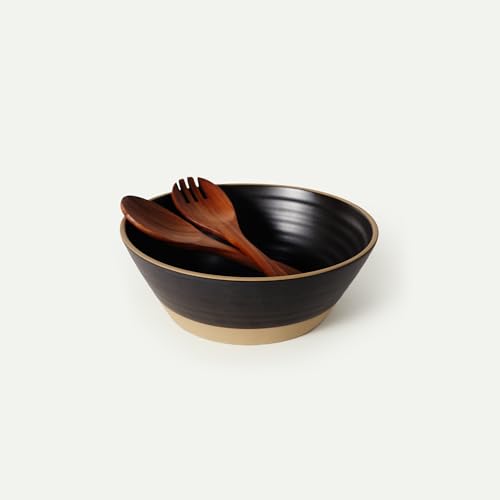 MORA Giant Salad Bowl Set with Wood Salad Servers, 4 qt Large Ceramic Serving Bowl for Salad, Pasta & Fruit, Microwave, Oven and Dishwasher Safe - Night - color: Night