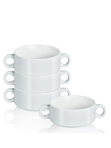 French Onion Soup Bowls with Handles, 12-Ounce Stackable Soup Crocks, Ceramic Soup Bowls Dishwasher, Oven, Microwave Safe, Large Ramekins Bowls Set of 4 (White) - color: White
