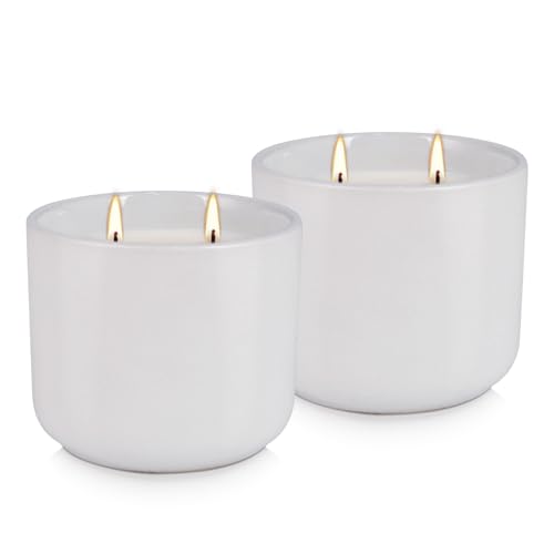 2-Pack Citronella Candles in White Ceramic Jars - 2 Cotton Wicks, Citronella Oil with Elegant White Pillar Design Perfect for Outside Patio, Camping & Garden, Summer Gifts for Indoor Home - color: White