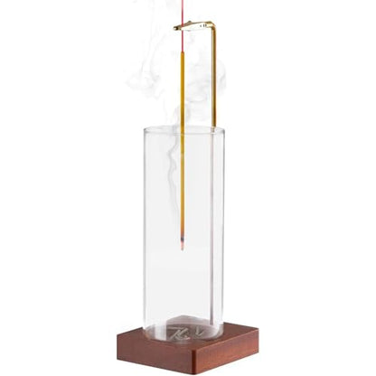 Wooden Aromatherapy Incense Holder – Upside Down Hanging Rack with 1L Ash Catcher for Home Office or Yoga Space Décor & Meditation (Glass Height 17cm)