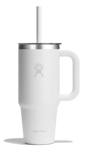 Hydro Flask Travel Tumbler with Handle, Clear Lid and Straw - Insulated Stainless Steel - color: White, size: 24 Ounces