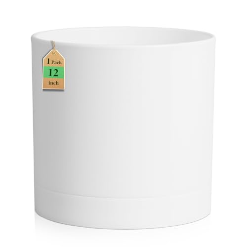 WSMKSZ 12 Inch Large Deep Flower Pots for Outdoor Indoor Plants, Cylinder Tall Plant Pots with Drainage Holes and Saucer, Big Decorative Plastic Planter Pots for Garden House Plants, White - color: White, size: 12 Inch Deep