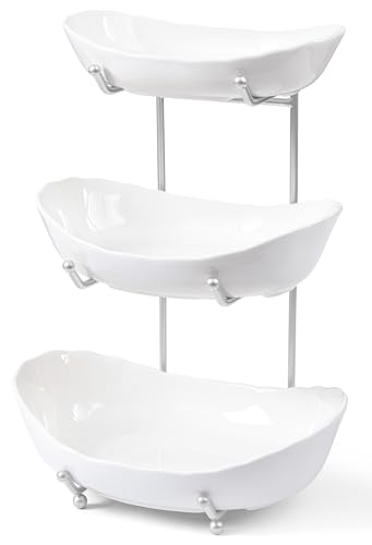 HBlife Fruit Bowl for Kitchen Counter - 3 Tier Ceramic Fruit Bowl Holder with Metal Stand, Tiered Fruit Basket for Fruit and Vegetable Storage, Serving Trays for Party - color: White Bowl Silver Rack, size: Standard