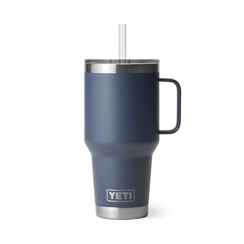 YETI Rambler 35 oz Tumbler with Handle and Straw Lid, Travel Mug Water Tumbler, Vacuum Insulated Cup with Handle, Stainless Steel, Navy - color: Navy, style: 35oz