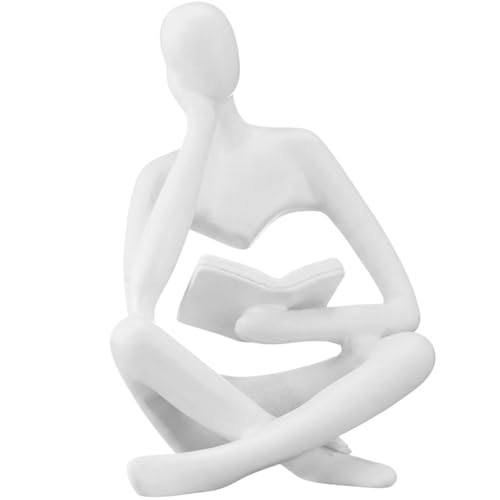 Reading Thinker Statue, Abstract Art Thinker Sculptures Figurine, Modern Aesthetic Figurine Decoration for Home Living Room Bedroom Office Shelf Table Desk Bookshelf Decor(White) - color: White