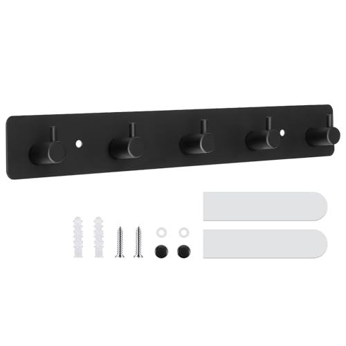Wall Mount Coat Rack, 5-Hook Metal Towel and Hat Hook, Black | Adhesive Or Screw Mount, Rounded Smooth Hooks, Sturdy Metal, For Towels, Coats, Hats, Bags - style: "T" shape