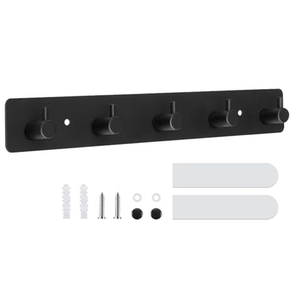 Wall Mount Coat Rack, 5-Hook Metal Towel and Hat Hook, Black | Adhesive Or Screw Mount, Rounded Smooth Hooks, Sturdy Metal, For Towels, Coats, Hats, Bags - style: "T" shape