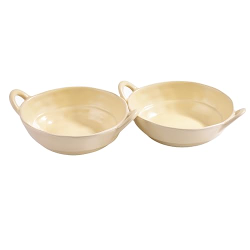 Ceramic Soup Bowls with Handles Set of 2, Cream Yellow Porcelain Snack Bowls, 24 oz Large Salad Bowls, Microwave and Dishwasher Safe