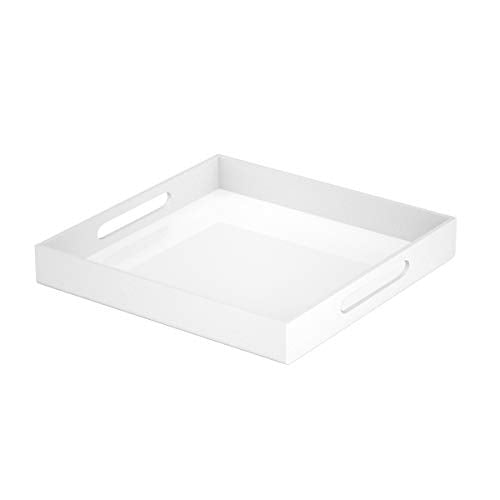 NIUBEE Acrylic Serving Tray 12x12 Inches -Spill Proof- White Decorative Tray Organiser for Ottoman Coffee Table Countertop with Handles - color: White, size: 12" x 12" x 2"