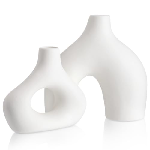 Patelai Set of 2 Mid Century Modern Decor Ceramic Donut Vases, Nordic Boho Round Matte Finish Decor for Home Dining Room Living Room Office Bedroom Shelf(White) - color: White