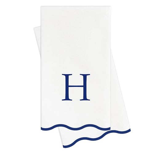 Stxy's Monogram Guest Towels, 40 Lettered Hand Towels - Navy Blue Letter 'H', Decorative Scalloped Monogrammed H Paper Napkins, Blue and White Disposable Dinner Napkins for Bathroom, Hostess Gifts - style: H