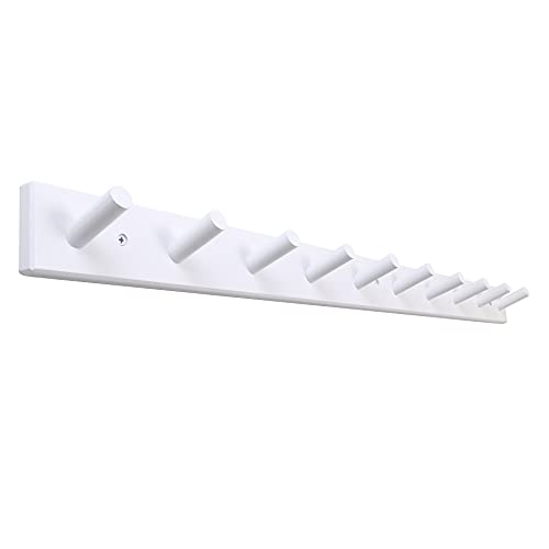 SKOLOO Wall Mounted Coat Rack 38", 10 Hooks, Bamboo, Shaker Style, White | Wood wall hooks, painted finish, 100-lb cap, entry/bath/bed, hanging backpack coat towel hat, long pegs, 16" stud spacing - color: White, size: 38 inch