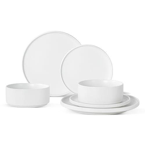 6 Piece Ceramic Plates and Bowls Sets for 2, Modern White | Stoneware Dinnerware Set, Dishwasher & Microwave Safe, Handcrafted, Perfect for Family and Gatherings - color: White, size: Service for 2(6PCS)