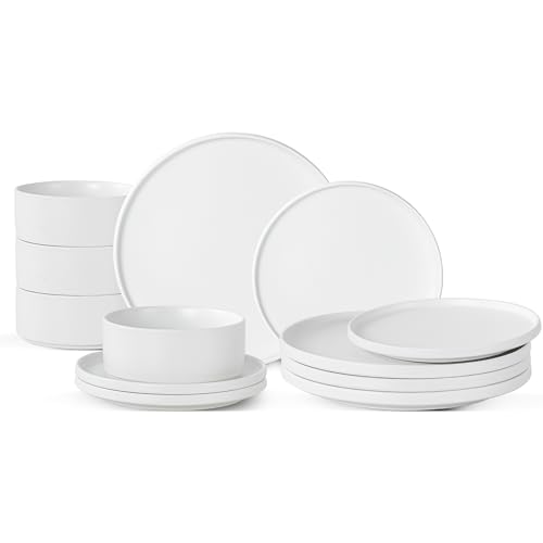 12 Piece Ceramic Plates and Bowls Sets for 4, Modern White | Stoneware Dinnerware Set, Dishwasher & Microwave Safe, Handcrafted, Perfect for Family and Gatherings - color: White, size: Service for 4(12PCS)