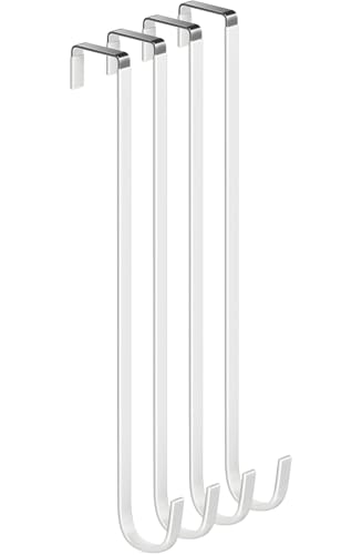 Single Extra Long Over Door Steel Hooks 4 Pack Fit 1-3/8" Door 14.2" White | Plastic Coated Rubber Feel Towel Rack Robe Coat Shoe Wreath Hanger No Damage No Scratch for Bathroom Heavy Duty Thin Top