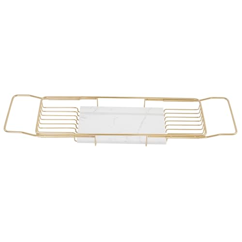Expandable Stainless Steel Bathtub Caddy Tray, Adjustable Over Tub Rack Marble Board Anti-Slip Groove Raised Guardrail Modern Bath Organizer for Home Hotel Bathroom Use (Gold + White) - color: Gold + White