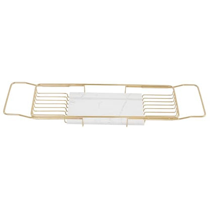 Expandable Stainless Steel Bathtub Caddy Tray, Adjustable Over Tub Rack Marble Board Anti-Slip Groove Raised Guardrail Modern Bath Organizer for Home Hotel Bathroom Use (Gold + White) - color: Gold + White