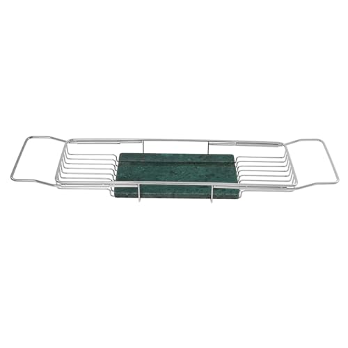 Expandable Stainless Steel Bathtub Caddy Tray, Adjustable Over Tub Rack Marble Board Anti-Slip Groove Raised Guardrail Modern Bath Organizer for Home Hotel Bathroom Use (Silver + Green) - color: Silver + Green
