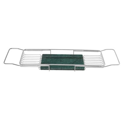 Expandable Stainless Steel Bathtub Caddy Tray, Adjustable Over Tub Rack Marble Board Anti-Slip Groove Raised Guardrail Modern Bath Organizer for Home Hotel Bathroom Use (Silver + Green) - color: Silver + Green