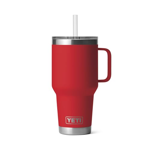 YETI Rambler 35 oz Tumbler with Handle and Straw Lid, Travel Mug Water Tumbler, Vacuum Insulated Cup with Handle, Stainless Steel, Rescue Red - color: Rescue Red, style: 35oz
