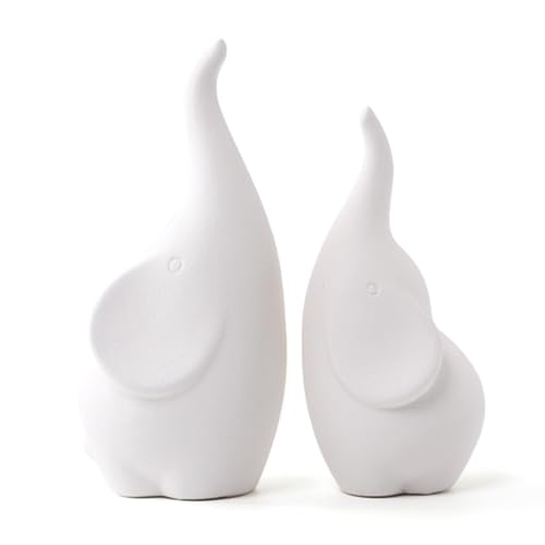 Ceramic Elephant Figurines with Trunk Up, Pair Couples Loving Elephant Statue, Small Figurines Sculpture African Home Decor, Valentine Elephants Gifts for Women, Wedding Knick Knacks（White） - color: White