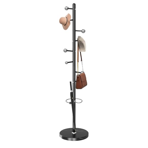 Coat Rack Stand, Black Metal Coat Rack Freestanding with 8 Hooks | Modern Coat Rack with Natural Marble Base,Modern Coat Hanger Stand, 3 Adjustable Coat Clothes Tree Stand for Office - color: Black-8 Ball Hooks