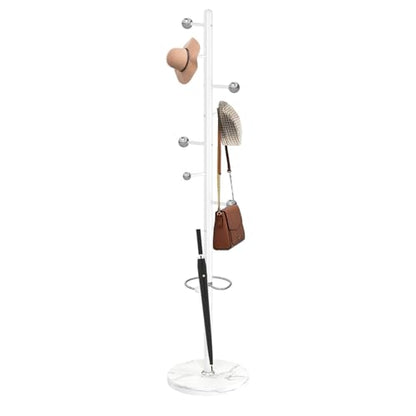 Coat Rack Stand, White Metal Coat Rack Freestanding with 8 Hooks | Coat Rack with Natural Marble Base,Modern Coat Hanger Stand, 3 Adjustable Coat Clothes Tree Stand for Office - color: White-8 Ball Hooks