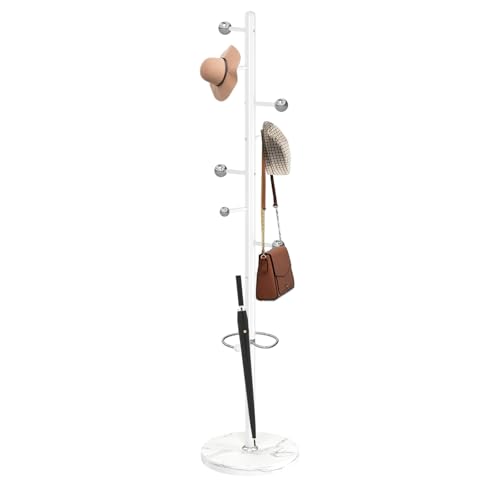 Coat Rack Stand, White Metal Coat Rack Freestanding with 8 Hooks | Coat Rack with Natural Marble Base,Modern Coat Hanger Stand, 3 Adjustable Coat Clothes Tree Stand for Office - color: White-8 Ball Hooks