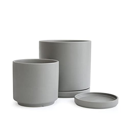D'vine Dev 2-Pack Ceramic Pots with Saucers, 6/8 in, Grey, 94-G-M-3 | Glazed Ceramic, Drainage Hole, Perfect-Fit Saucer, Sleek Cylinder Shape, High Temperature Fired, Elegant Home Accent - color: Gray, size: Medium