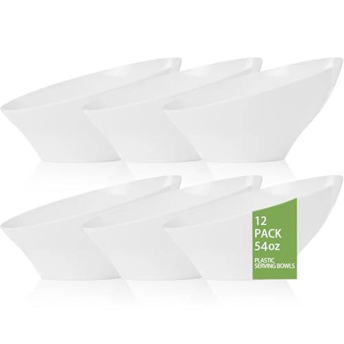 bUCLA 12 Pack White Plastic Serving Bowls - 54 OZ Angled Table Salad and Fruit Bowls Disposable for Chip&Candy - Ideal for Party & Wedding - color: White, size: 54oz