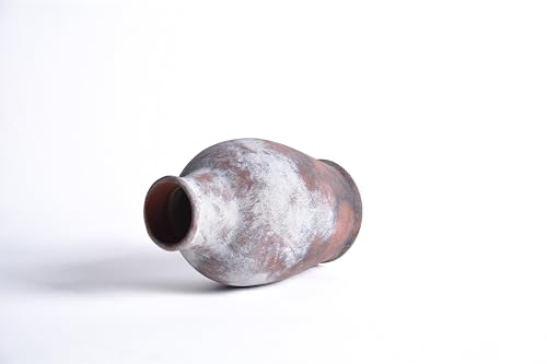Handmade Rustic-Style Ceramic Decorative vase, Dimensions 8.3 x 5.5 inches, Featuring Distressed Gray and Terracotta hues, Suitable for Rustic, Country, and Various Decor Styles.
