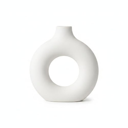 Modern Torus Ring Vase, Geometric Donut Shape Flower Holder for Home and Office Decor, White Plastic Sculptural Accent