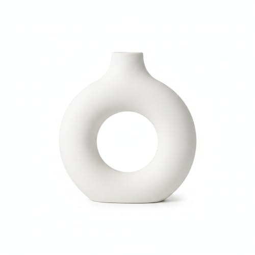 Modern Torus Ring Vase, Geometric Donut Shape Flower Holder for Home and Office Decor, White Plastic Sculptural Accent