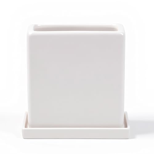 White Ceramic Plant Pots with Saucers, 6 Inch Square Planter Pots Set of 2, Modern Minimalist Medium Flower Pots for Indoor Plants, Snake Plants, Monstera, Home Decor - size: Medium