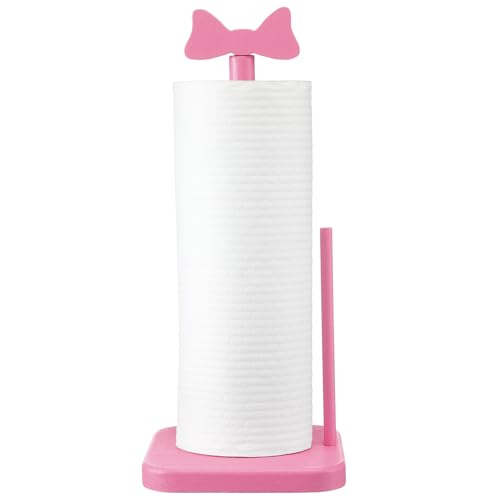 Leinuosen Pink Bow Paper Towel Holder Coquettish Cute Bow Wooden Paper Towel Holder Pink Bathroom Countertop Accessories Kitchen Roll Stand Organizer Standing Apartment Decor Housewarming Gift - style: Bow