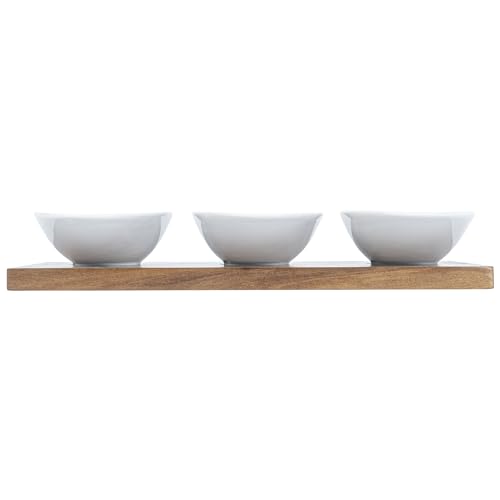 Restaurantware-9 Ounce Bowl Set with Tray - 1 Dishwashable Serving Set, Includes 3 Porcelain Bowls And 1 Bamboo Tray, Durable, White Porcelain And Bamboo Bowl And Platter Kit, Reusable, Freezable - size: Triple set, style: Ellipse