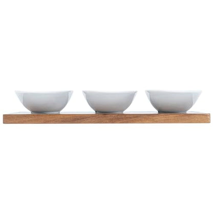 Restaurantware-9 Ounce Bowl Set with Tray - 1 Dishwashable Serving Set, Includes 3 Porcelain Bowls And 1 Bamboo Tray, Durable, White Porcelain And Bamboo Bowl And Platter Kit, Reusable, Freezable - size: Triple set, style: Ellipse