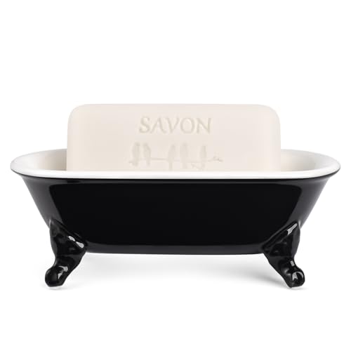 6.5" Ceramic Mini Decorative Clawfoot Bathtub Bar Soap Dish, Kitchen Sponge Holder and Shower Tray for Bathroom, 1 Pack(Black) - color: Black