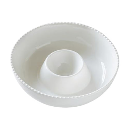 11'' Ceramic Chip and Dip Tray, Middle Size Divided Serving Set for Parties, Mixing Bowl Sets for Salsa, Snack, Veggies, Dumpling, Fruit, Salad, Fruit, Entertaining, Hosting, Ivory White