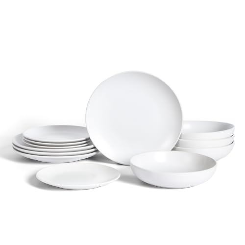Earth & Clay Mia 12-Piece Stoneware Dinnerware Set, Plates and Bowls Set, Dishwasher and Microwave Safe, Dish Set for 4, White - color: Mia - White, size: 12-Piece - Service for 4