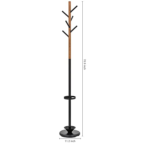 MyGift Freestanding Metal Entryway Coat Rack and Umbrella Stand with Sturdy Round Base and 6 Faux Wood Hanger Hooks - color: Black