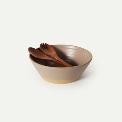 Mora Giant Salad Bowl Set with Wood Salad Servers, 4 qt Large Ceramic Serving Bowl for Salad, Pasta & Fruit, Microwave, Oven and Dishwasher Safe - Dusk - color: Dusk