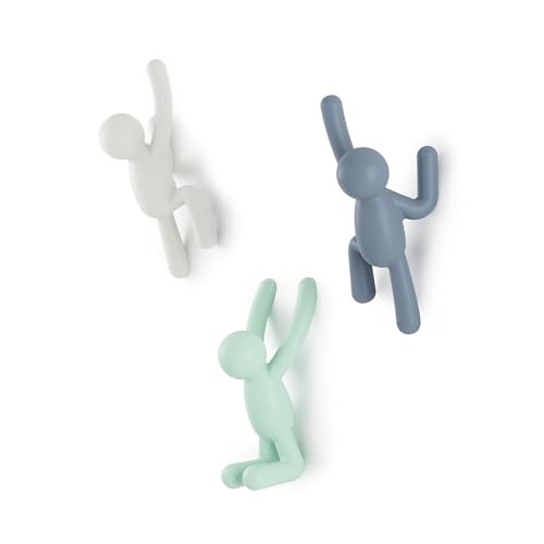 Umbra Buddy Wall Hooks, Wall Mount Coat Hooks, Set of 3, White/Mint/Blue | Easy install with hardware, holds 5lbs per hook, entryway bedroom bathroom dorm, playful hanging storage, recycled plastic - color: White/Mint/Blue, size: 10 Inch L x 7.5 Inch W x
