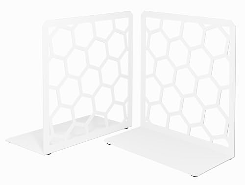 White Geometric Honeycomb Metal Bookends - Book Ends for Shelves - Decorative Modern Heavy Duty Bookend Stopper - Book Ends for Heavy Books - Home Office Book Holder - 1 Pair, 6x3.25x6.25 in - color: White, size: 1 Pair